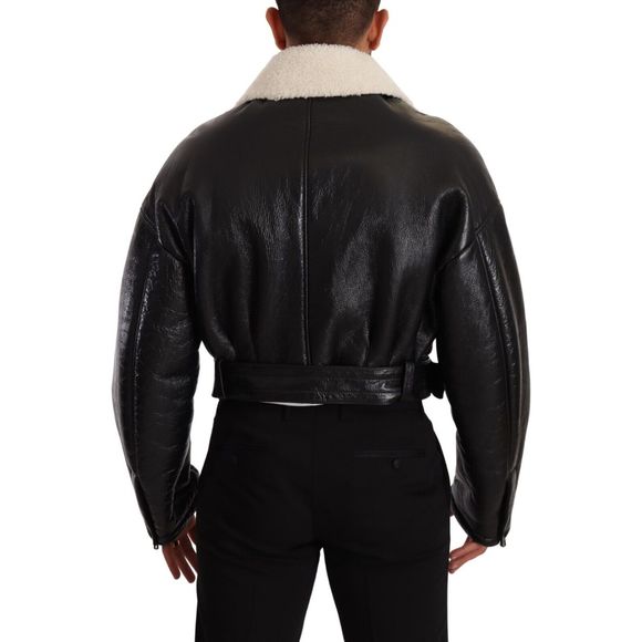 Dolce & Gabbana Black Leather Shearling Biker Coat Jacket - Picture 3 of 6